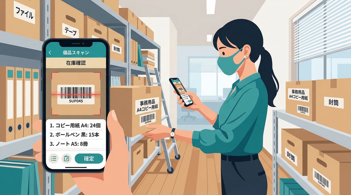 スマートフォンで備品のバーコードをスキャンしている画面