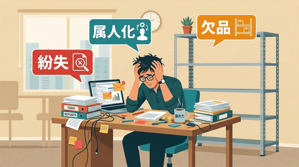 オフィスで備品管理に困っている総務担当者のイメージ