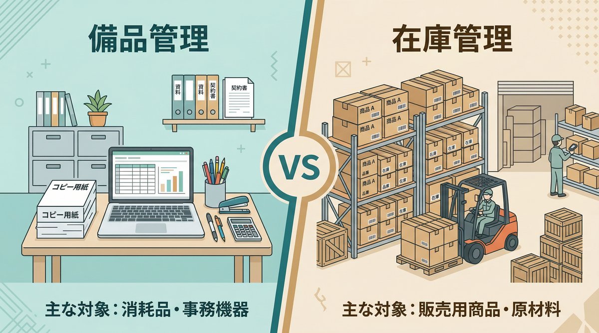 備品管理と在庫管理の違いを示すイメージ図