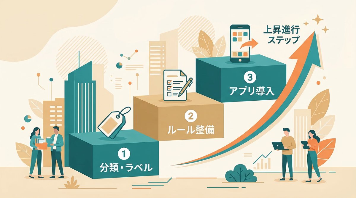 備品管理を効率化するステップのイメージ図