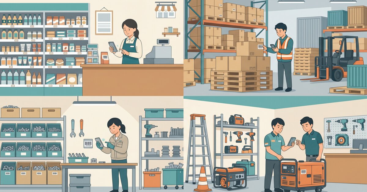 小売・卸売・製造・レンタルの4業種それぞれで、スマホバーコードスキャンによる在庫管理がどう使われるかを示した業種別シーンの図