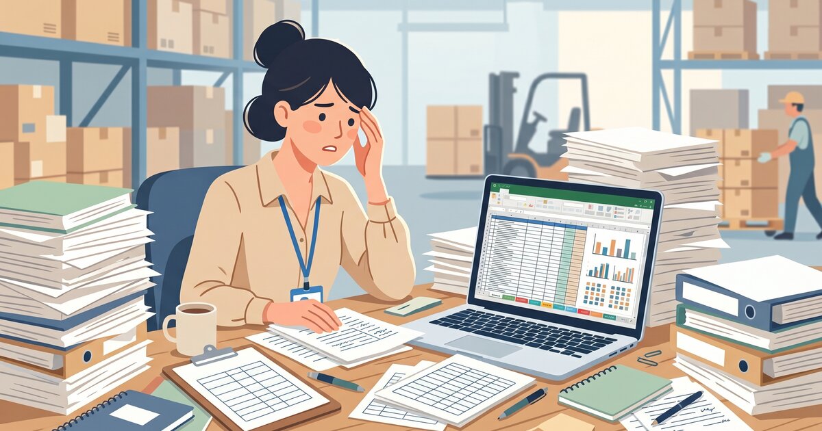 紙とエクセルで管理された在庫台帳が積み重なり、転記ミスや情報のズレが発生している現場を表したイラスト