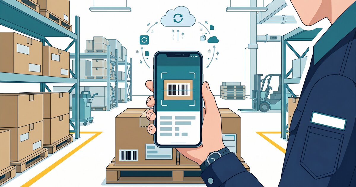 スマホのカメラで商品のバーコードをスキャンすると、そのデータがクラウドに即座に送られ、複数の端末で在庫情報が共有される流れを表したイラスト