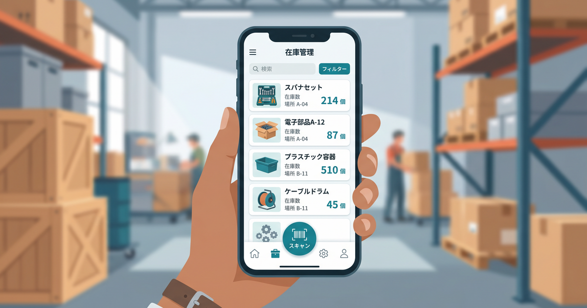 スマホを手にした担当者が倉庫でバーコードをスキャンし、MonoCアプリの在庫一覧とロケーション、入出庫履歴が表示されている画面イメージ