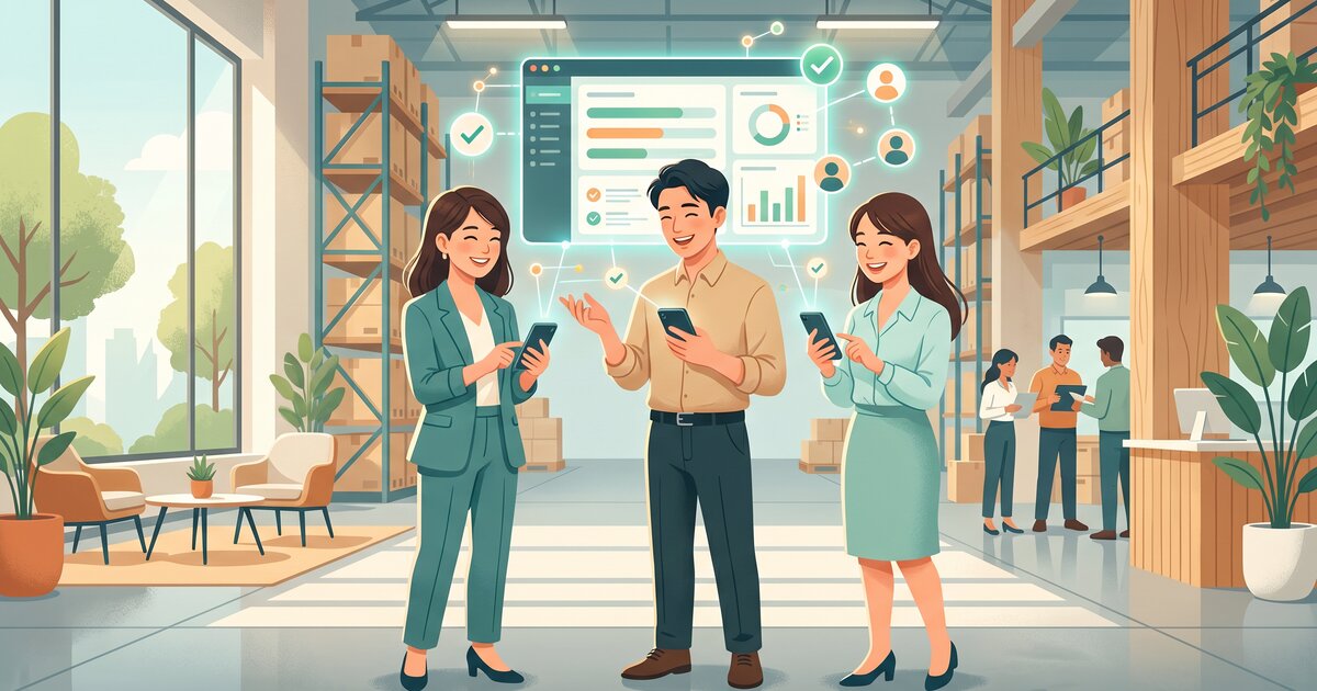 棚卸に向かう担当者の表情が明るく、ベテランが休んでも現場が回り、新人が初日からスマホを使いこなしている様子を象徴的に描いた図